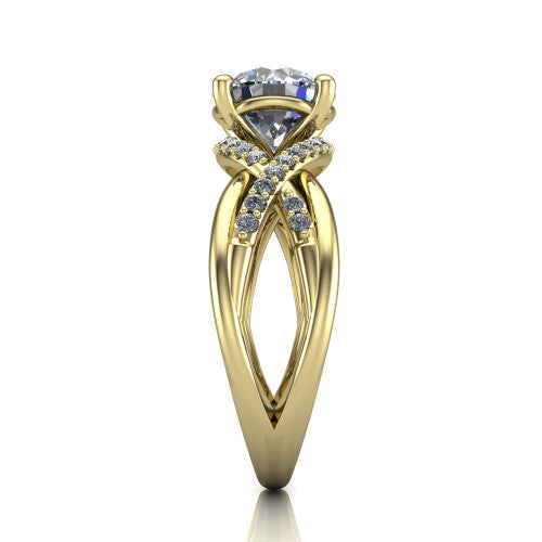 Charlie round woven pavé engagement ring in 18K Yellow Gold with split shank and hidden halo, side profile showing the woven split shank and hidden halo