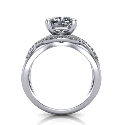 Charlie cushion woven pavé engagement ring in Platinum with split shank and hidden halo, through-finger front profile revealing the hidden halo collar