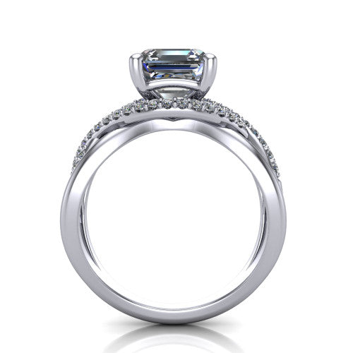 Charlie asscher woven pavé engagement ring in 14K White Gold with split shank and hidden halo, through-finger front profile revealing the hidden halo collar