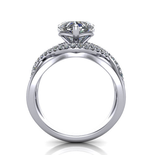 Charlie heart woven pavé engagement ring in Platinum with split shank and hidden halo, through-finger front profile revealing the hidden halo collar