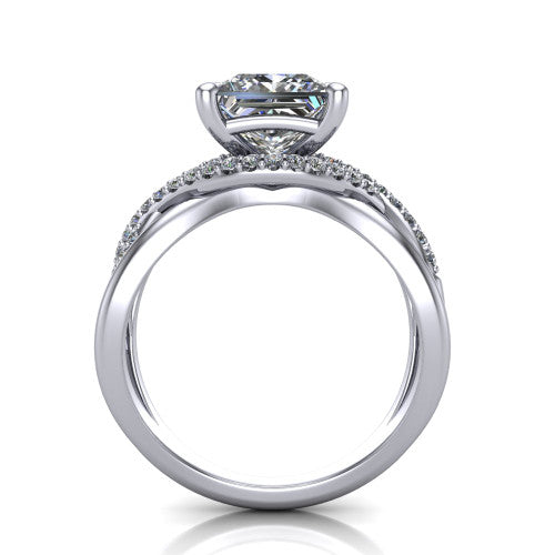 Charlie princess woven pavé engagement ring in Platinum with split shank and hidden halo, through-finger front profile revealing the hidden halo collar