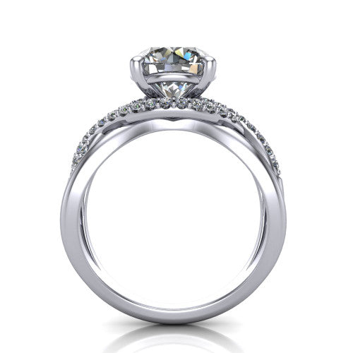 Charlie round woven pavé engagement ring in 14K White Gold with split shank and hidden halo, through-finger front profile revealing the hidden halo collar