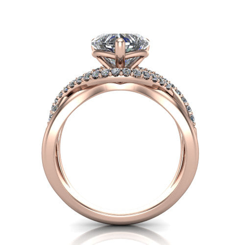 Charlie heart woven pavé engagement ring in 14K Rose Gold with split shank and hidden halo, through-finger front profile revealing the hidden halo collar