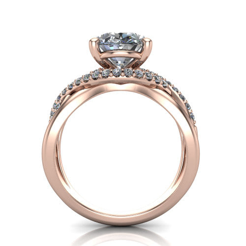 Charlie oval woven pavé engagement ring in 18K Rose Gold with split shank and hidden halo, through-finger front profile revealing the hidden halo collar