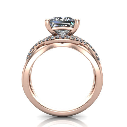 Charlie princess woven pavé engagement ring in 14K Rose Gold with split shank and hidden halo, through-finger front profile revealing the hidden halo collar