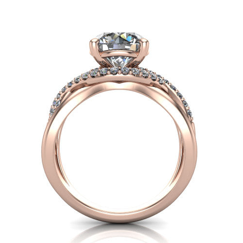 Charlie round woven pavé engagement ring in 14K Rose Gold with split shank and hidden halo, through-finger front profile revealing the hidden halo collar