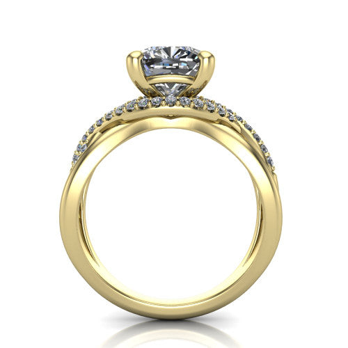 Charlie cushion woven pavé engagement ring in 18K Yellow Gold with split shank and hidden halo, through-finger front profile revealing the hidden halo collar