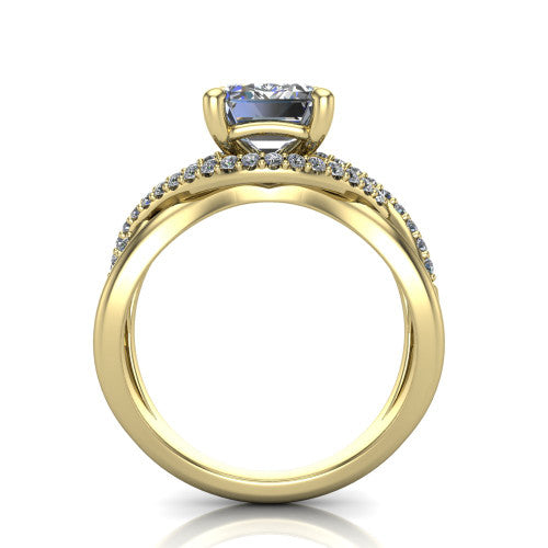 Charlie emerald woven pavé engagement ring in 14K Yellow Gold with split shank and hidden halo, through-finger front profile revealing the hidden halo collar