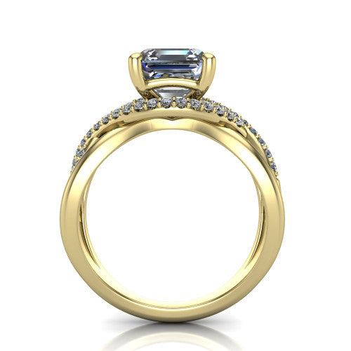 Charlie asscher woven pavé engagement ring in 14K Yellow Gold with split shank and hidden halo, through-finger front profile revealing the hidden halo collar