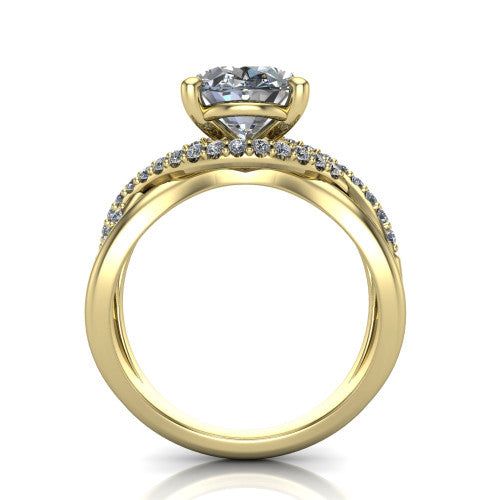 Charlie oval woven pavé engagement ring in 14K Yellow Gold with split shank and hidden halo, through-finger front profile revealing the hidden halo collar