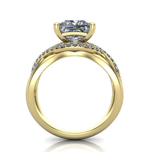Charlie princess woven pavé engagement ring in 14K Yellow Gold with split shank and hidden halo, through-finger front profile revealing the hidden halo collar