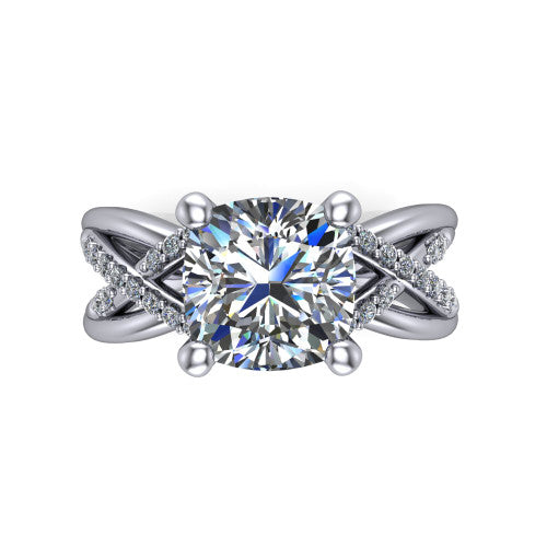 Charlie cushion woven pavé engagement ring in 14K White Gold with split shank and hidden halo, top-down view of the woven pavé split shank