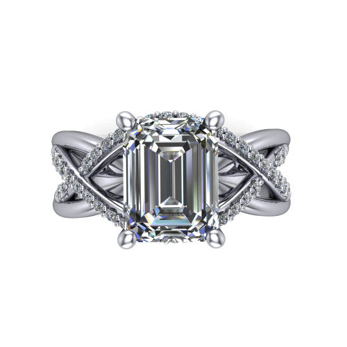 Charlie emerald woven pavé engagement ring in Platinum with split shank and hidden halo, top-down view of the woven pavé split shank