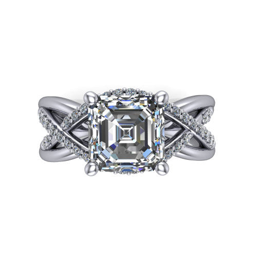 Charlie asscher woven pavé engagement ring in 18K White Gold with split shank and hidden halo, top-down view of the woven pavé split shank