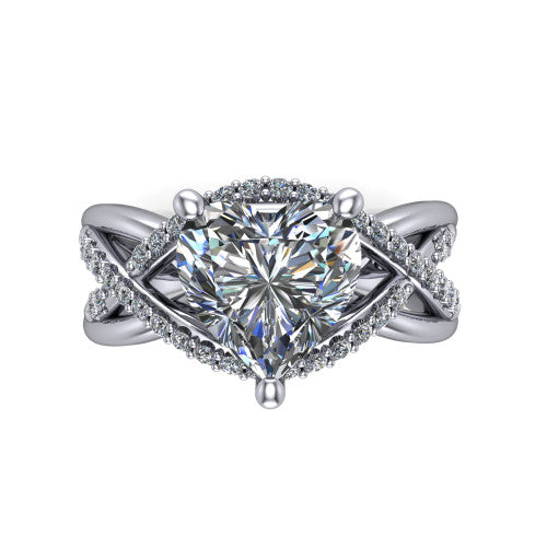 Charlie heart woven pavé engagement ring in 14K White Gold with split shank and hidden halo, top-down view of the woven pavé split shank