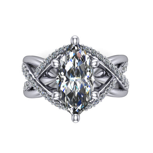 Charlie marquise woven pavé engagement ring in 14K White Gold with split shank and hidden halo, top-down view of the woven pavé split shank