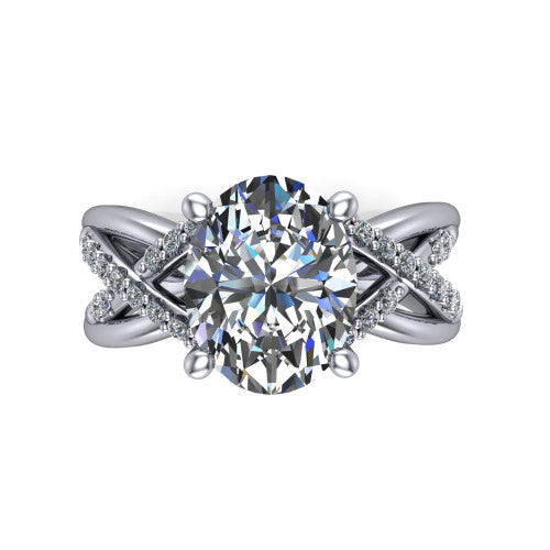 Charlie oval woven pavé engagement ring in 14K White Gold with split shank and hidden halo, top-down view of the woven pavé split shank
