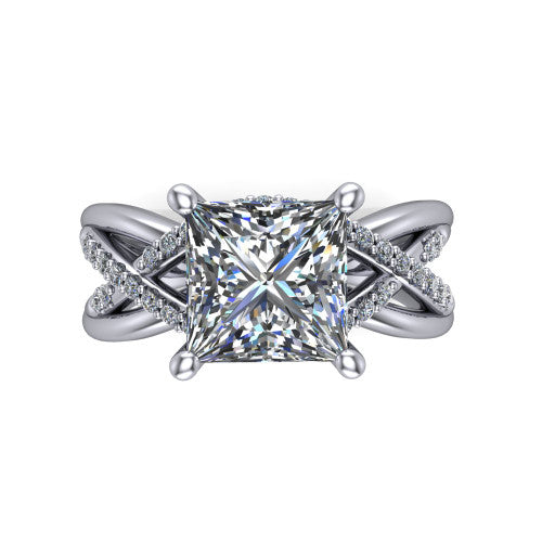 Charlie princess woven pavé engagement ring in 18K White Gold with split shank and hidden halo, top-down view of the woven pavé split shank