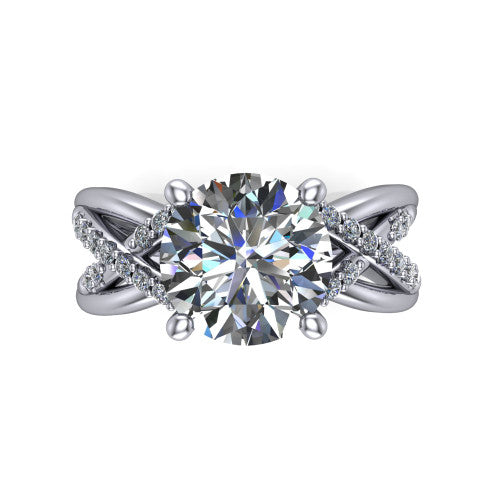 Charlie round woven pavé engagement ring in Platinum with split shank and hidden halo, top-down view of the woven pavé split shank