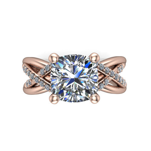 Charlie cushion woven pavé engagement ring in 18K Rose Gold with split shank and hidden halo, top-down view of the woven pavé split shank