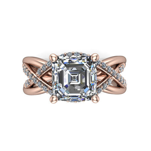 Charlie asscher woven pavé engagement ring in 18K Rose Gold with split shank and hidden halo, top-down view of the woven pavé split shank