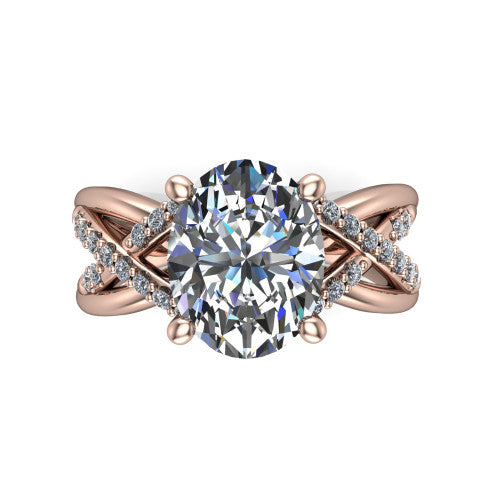 Charlie oval woven pavé engagement ring in 14K Rose Gold with split shank and hidden halo, top-down view of the woven pavé split shank
