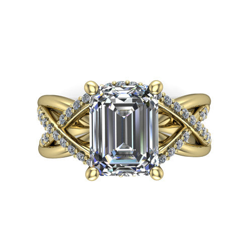 Charlie emerald woven pavé engagement ring in 14K Yellow Gold with split shank and hidden halo, top-down view of the woven pavé split shank