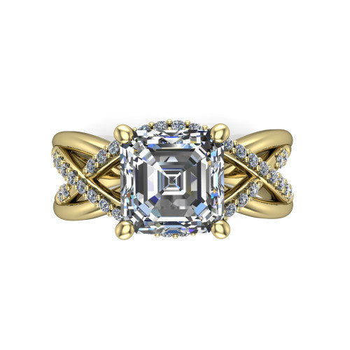 Charlie asscher woven pavé engagement ring in 14K Yellow Gold with split shank and hidden halo, top-down view of the woven pavé split shank