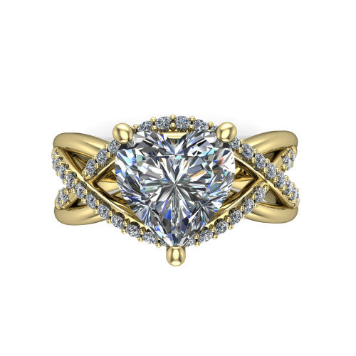 Charlie heart woven pavé engagement ring in 14K Yellow Gold with split shank and hidden halo, top-down view of the woven pavé split shank
