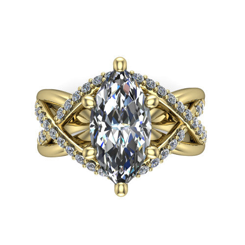 Charlie marquise woven pavé engagement ring in 14K Yellow Gold with split shank and hidden halo, top-down view of the woven pavé split shank