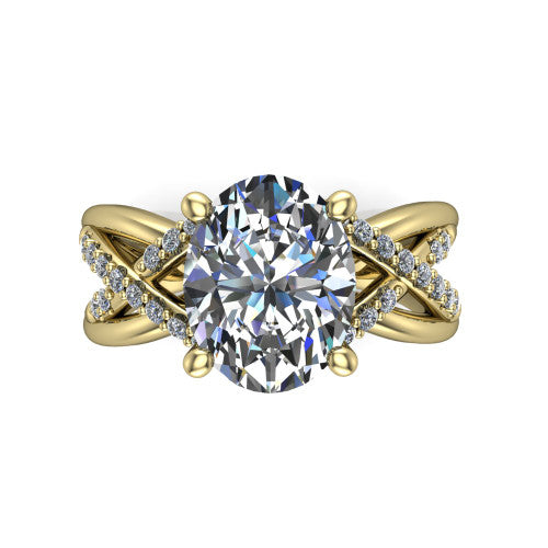 Charlie oval woven pavé engagement ring in 14K Yellow Gold with split shank and hidden halo, top-down view of the woven pavé split shank