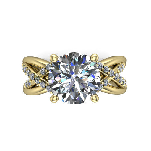 Charlie round woven pavé engagement ring in 18K Yellow Gold with split shank and hidden halo, top-down view of the woven pavé split shank