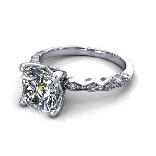 Cassie cushion vintage station engagement ring in 14K White Gold with marquise milgrain band and bezel accents, three-quarter perspective view