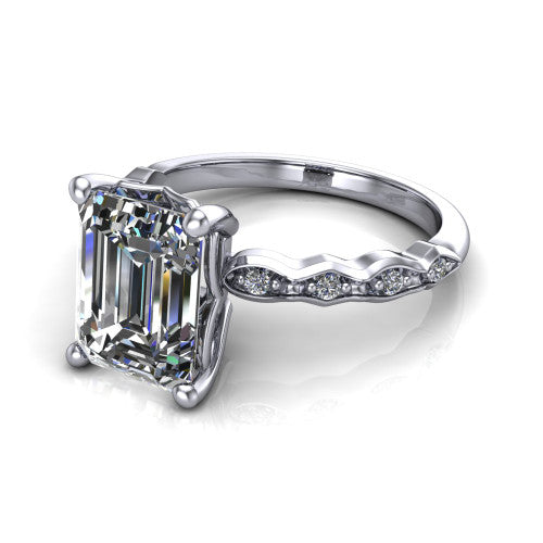 Cassie emerald vintage station engagement ring in 14K White Gold with marquise milgrain band and bezel accents, three-quarter perspective view