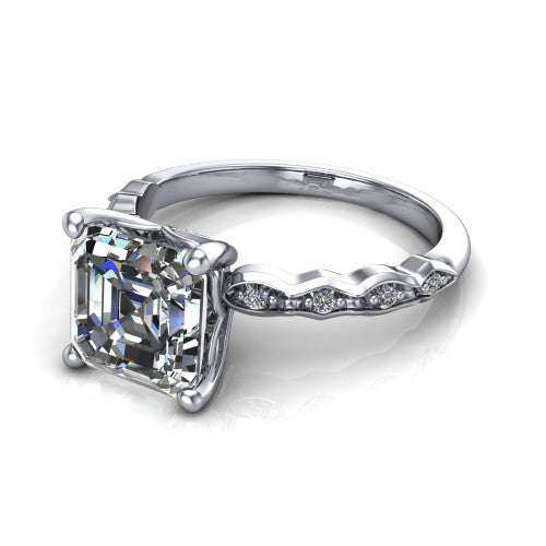 Cassie asscher vintage station engagement ring in Platinum with marquise milgrain band and bezel accents, three-quarter perspective view