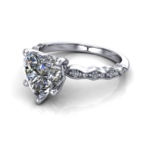Cassie heart vintage station engagement ring in 14K White Gold with marquise milgrain band and bezel accents, three-quarter perspective view