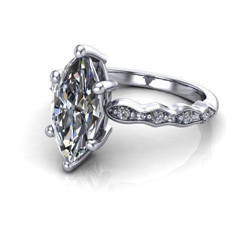 Cassie marquise vintage station engagement ring in 14K White Gold with marquise milgrain band and bezel accents, three-quarter perspective view