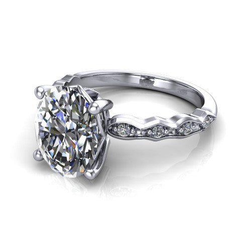 Cassie oval vintage station engagement ring in 18K White Gold with marquise milgrain band and bezel accents, three-quarter perspective view