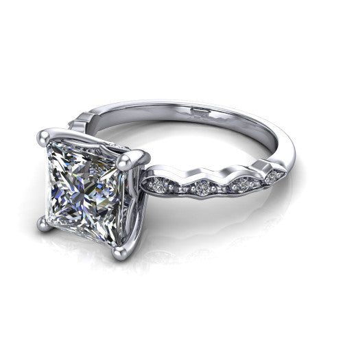 Cassie princess vintage station engagement ring in 14K White Gold with marquise milgrain band and bezel accents, three-quarter perspective view