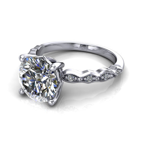 Cassie round vintage station engagement ring in Platinum with marquise milgrain band and bezel accents, three-quarter perspective view