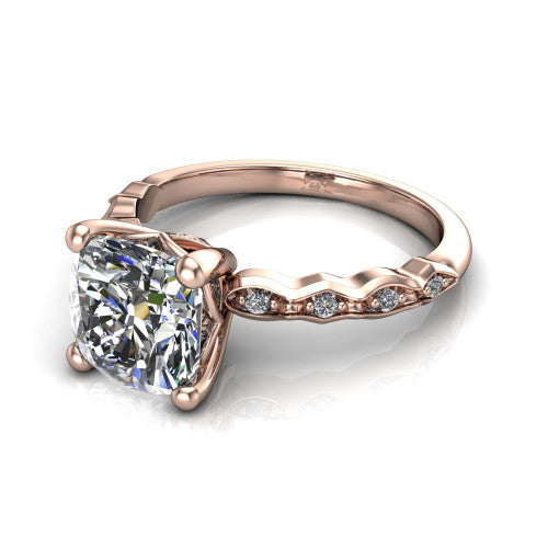 Cassie cushion vintage station engagement ring in 18K Rose Gold with marquise milgrain band and bezel accents, three-quarter perspective view