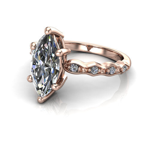 Cassie marquise vintage station engagement ring in 14K Rose Gold with marquise milgrain band and bezel accents, three-quarter perspective view