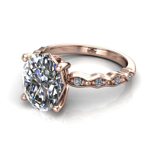 Cassie oval vintage station engagement ring in 14K Rose Gold with marquise milgrain band and bezel accents, three-quarter perspective view