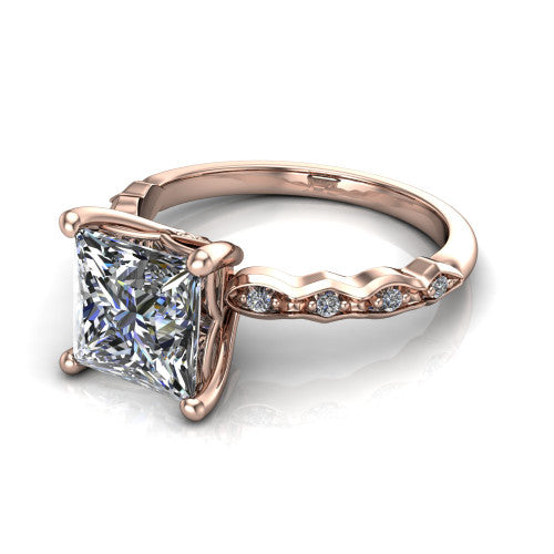 Cassie princess vintage station engagement ring in 14K Rose Gold with marquise milgrain band and bezel accents, three-quarter perspective view