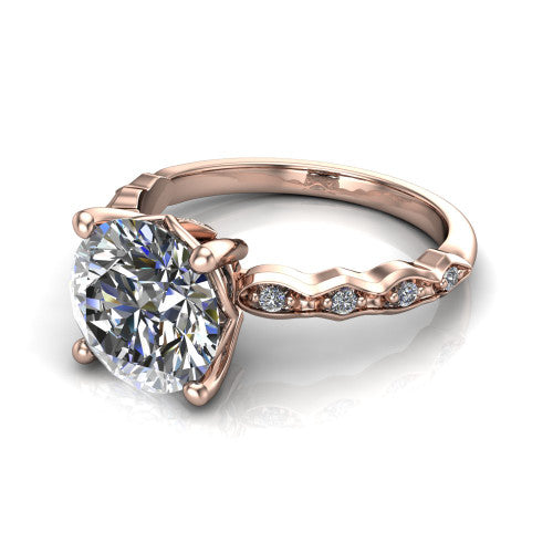 Cassie round vintage station engagement ring in 14K Rose Gold with marquise milgrain band and bezel accents, three-quarter perspective view