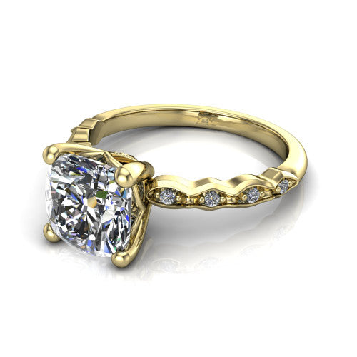 Cassie cushion vintage station engagement ring in 14K Yellow Gold with marquise milgrain band and bezel accents, three-quarter perspective view