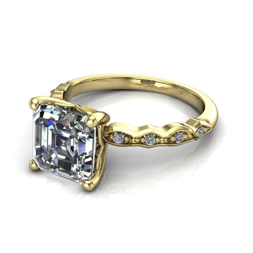 Cassie asscher vintage station engagement ring in 18K Yellow Gold with marquise milgrain band and bezel accents, three-quarter perspective view