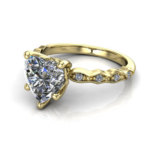 Cassie heart vintage station engagement ring in 14K Yellow Gold with marquise milgrain band and bezel accents, three-quarter perspective view