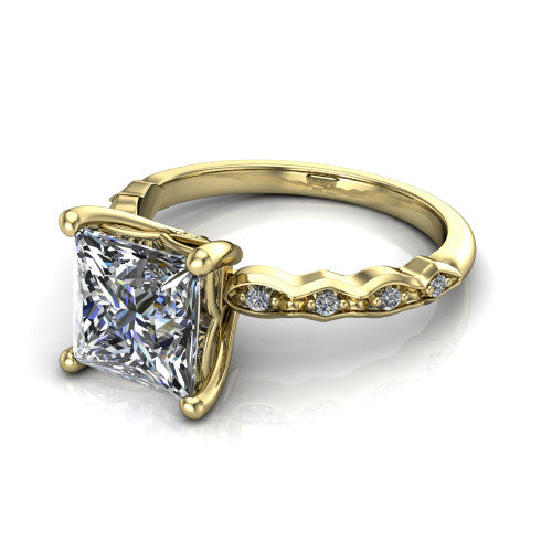 Cassie princess vintage station engagement ring in 14K Yellow Gold with marquise milgrain band and bezel accents, three-quarter perspective view