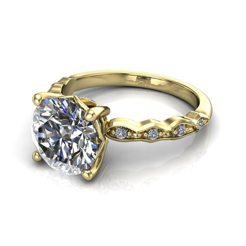 Cassie round vintage station engagement ring in 18K Yellow Gold with marquise milgrain band and bezel accents, three-quarter perspective view